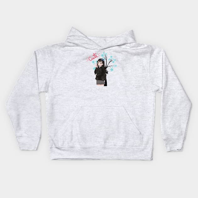 Cute black hair anime girl Kids Hoodie by Don’t Care Co